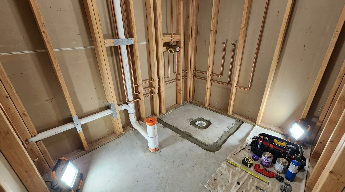 Bathroom rough-in plumbing during remodel by Johns Plumbing LLC in Dunbar