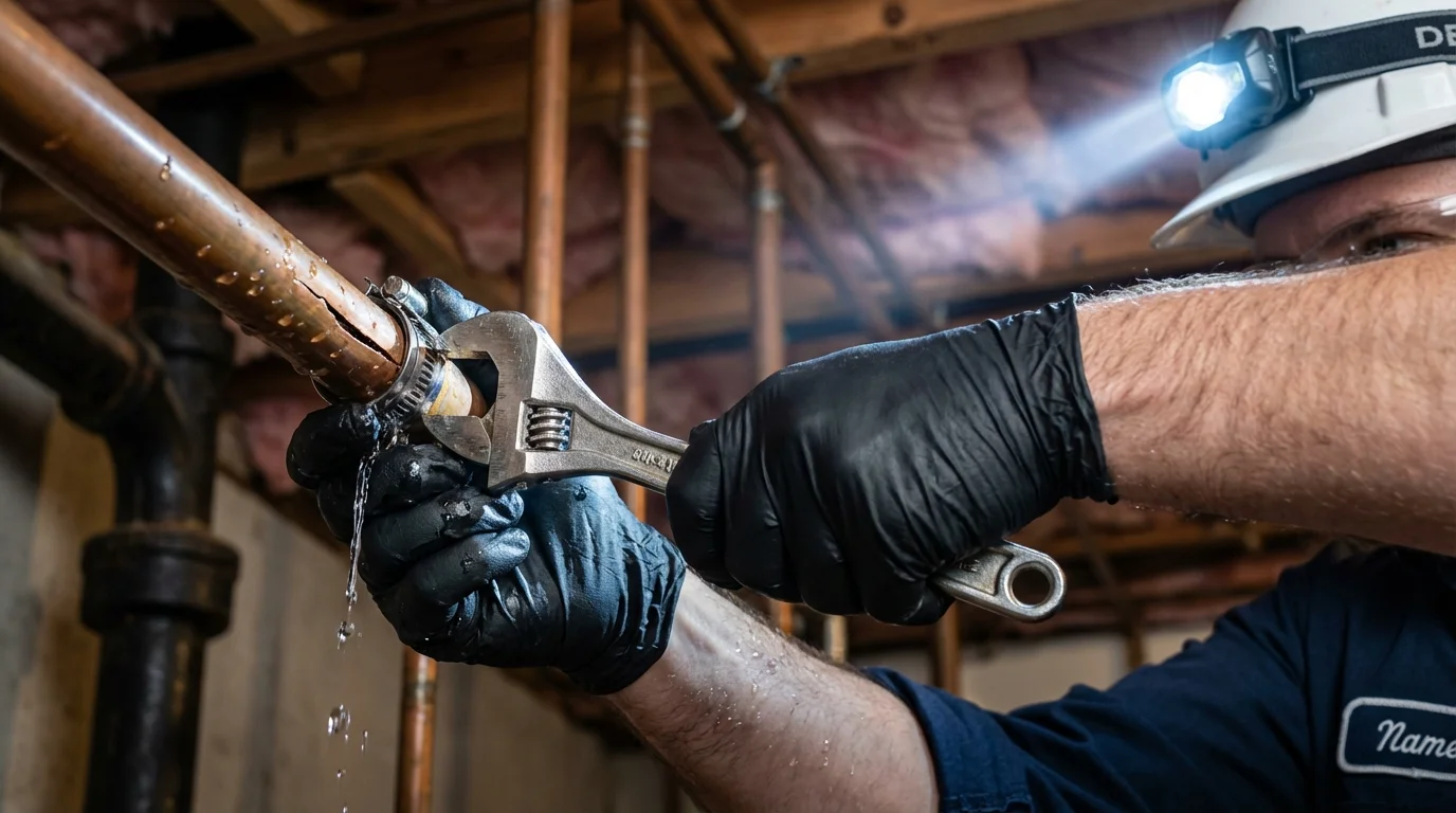 Emergency pipe clamp repair being performed by a Johns Plumbing LLC plumber in Dunbar