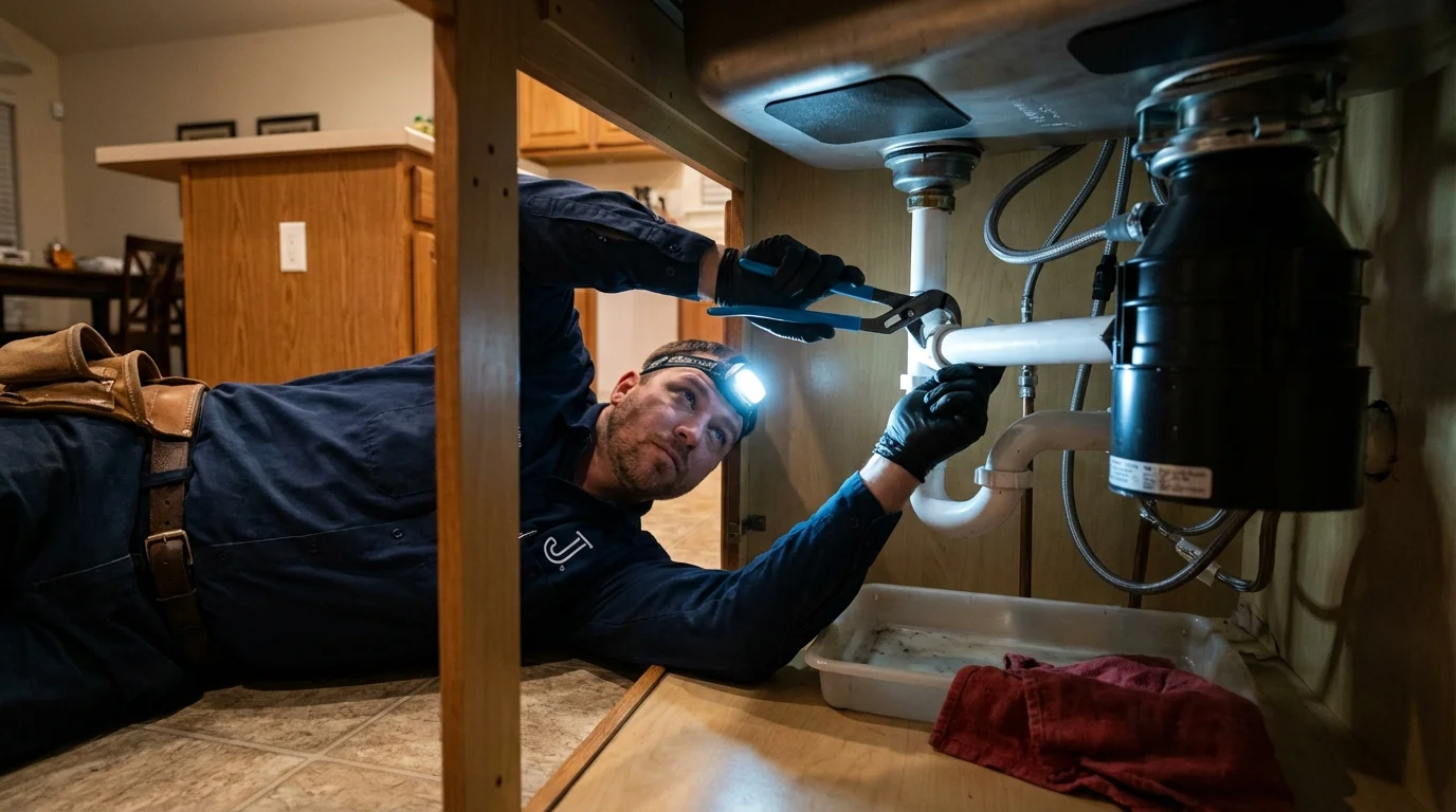 P-trap and supply line connections under a kitchen sink showing a common leak point in Dunbar, PA